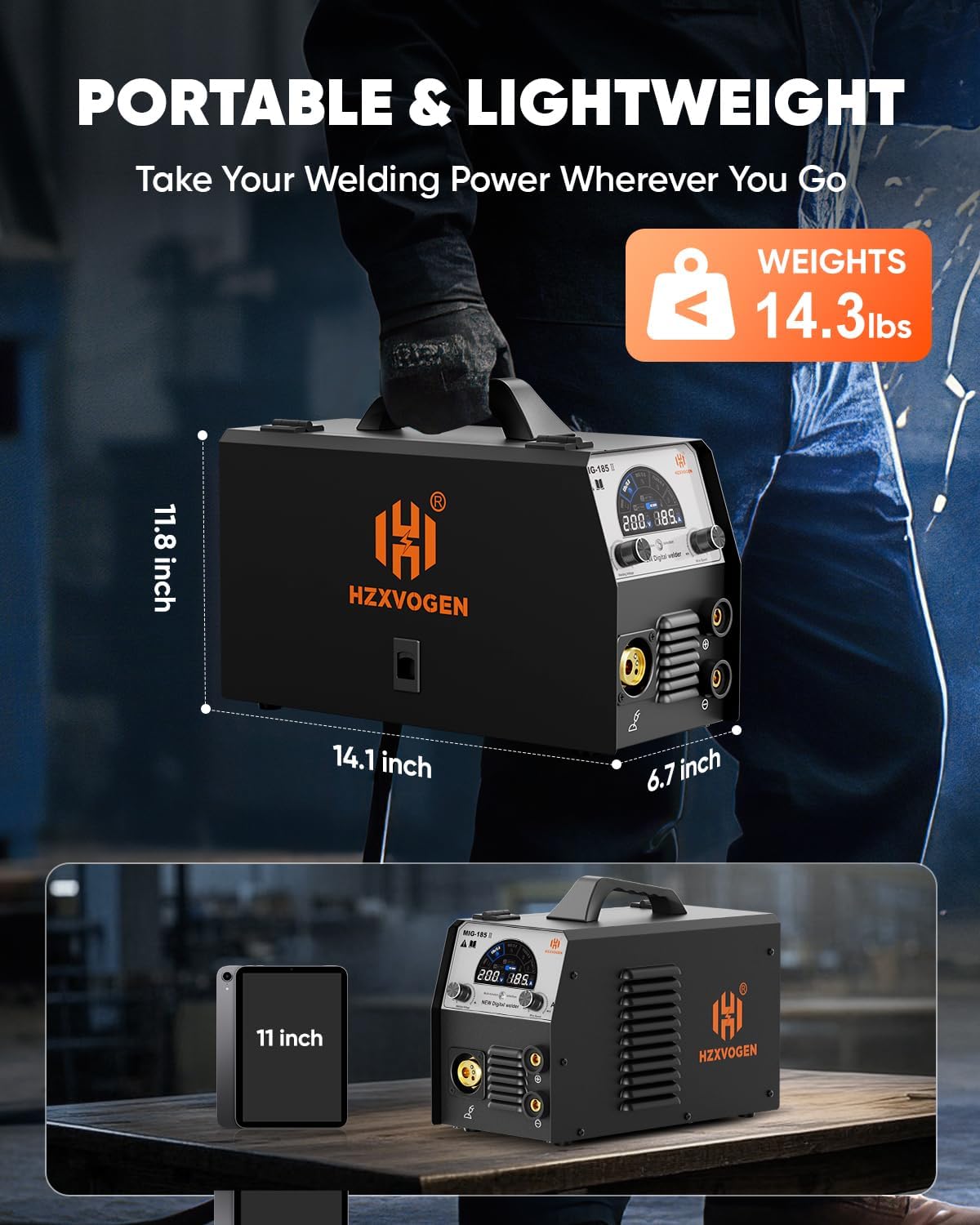H HZXVOGEN 185A Saldatrice MIG 4 in 1, Attrezzatura di Saldatura Sinergica con Gas/Senza Gas/TIG Lift/Elettrodo, 230V IGBT Inverter, Ampio Schermo LCD – Ideale per Principianti e Professionisti