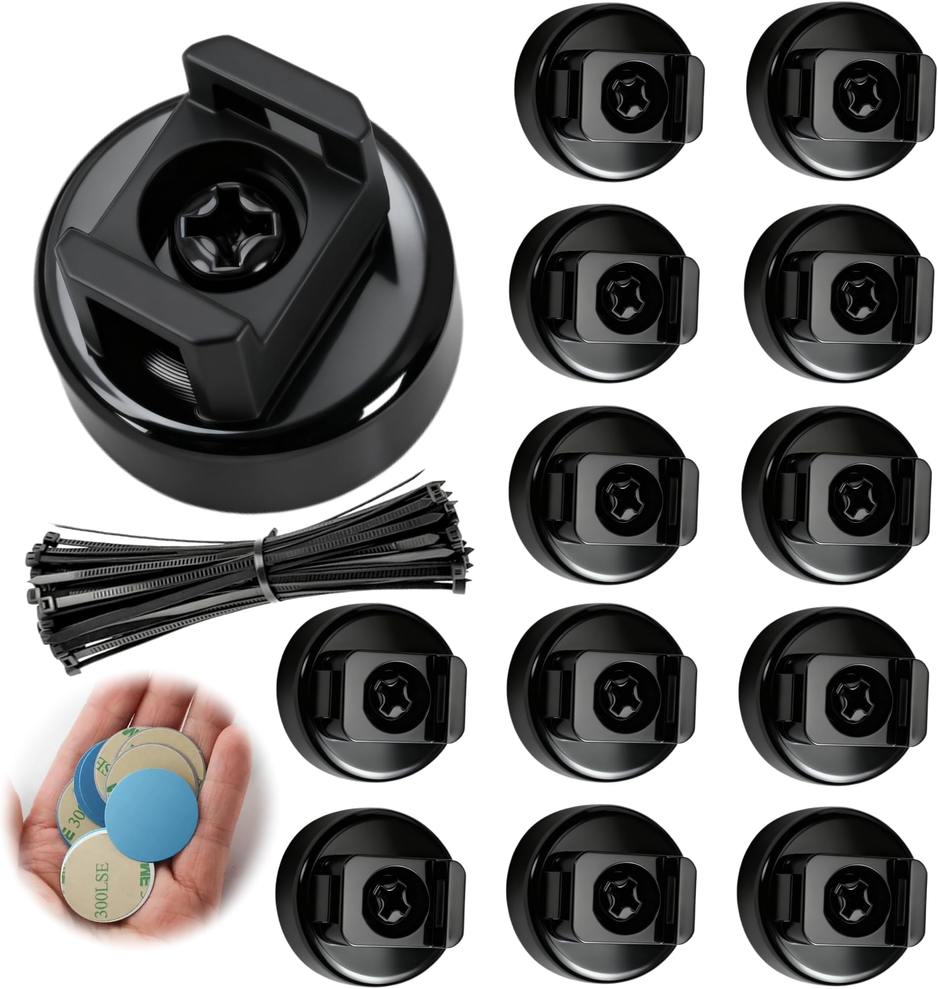 12 Pcs Magnetic Cable Zip Tie Mounts | Multipurpose Cable Holder & Cord Organizer | Includes Adhesive Tabs for Non-Metal Surfaces, Suitable for Walls, Tables, Cars