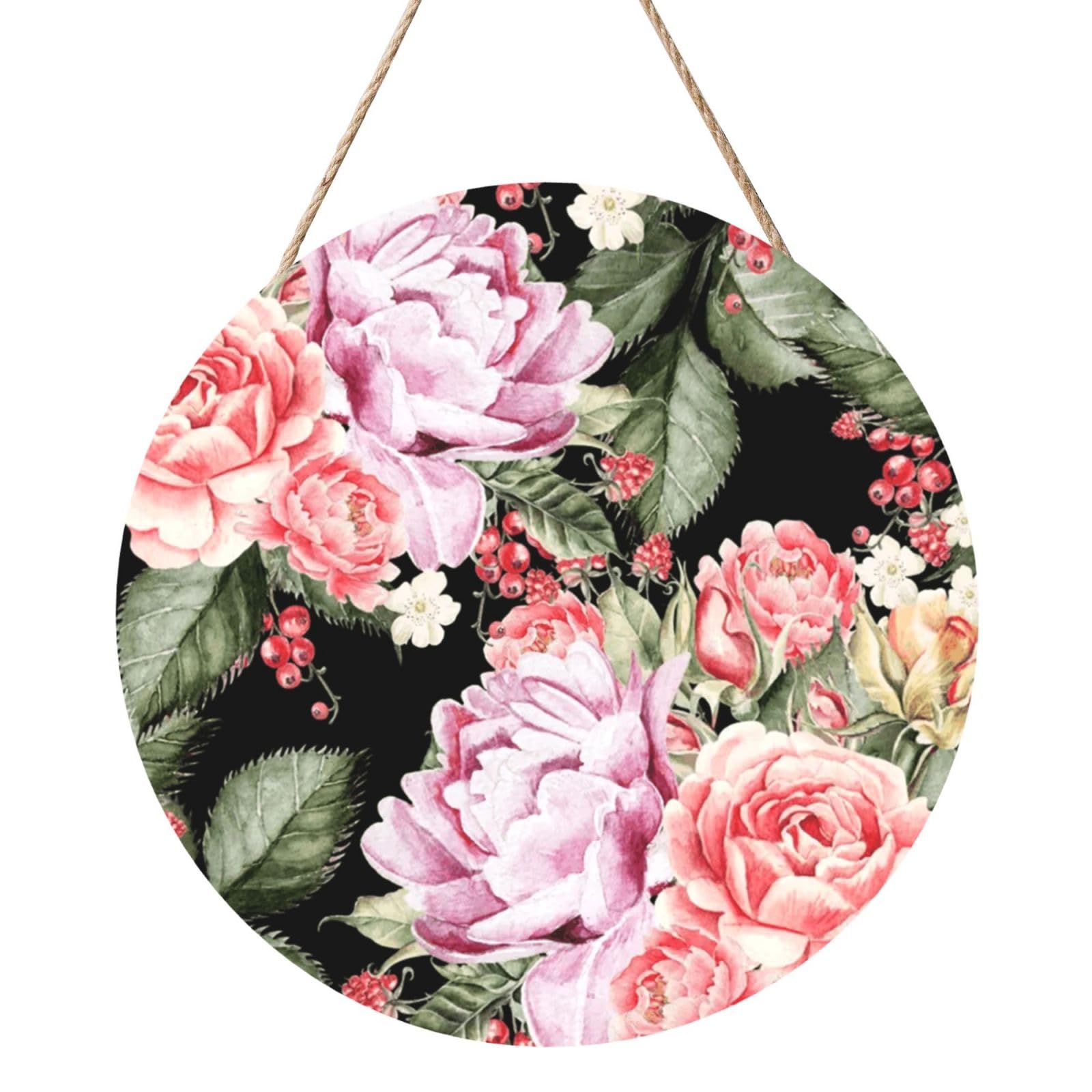 InOmak Peony Flowers Rose Printing, Round Wood Panel Painting 12 in, Wall Hanging Painting For Home