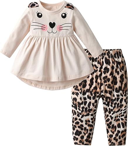 Eghunooy Conjunto de ropa de bebé niña 2 piezas de manga larga con patrón de dibujos animados trajes infantiles