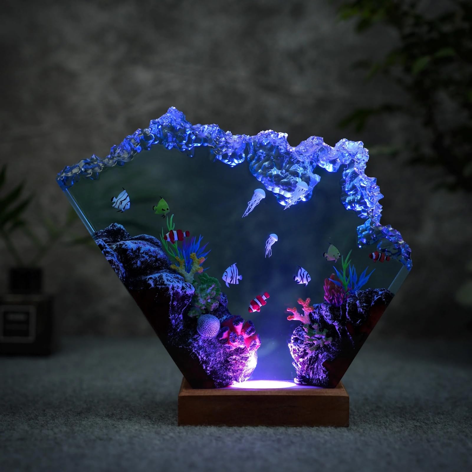 Drawelry Luce Notte Resina Epossidica Paesaggio Sottomarino 3D Artigianale, Decorazion Casa Base Legno, Mini Acquario Marino con Animali Marini Lampada per Cameretta Soggiorno Ufficio (A12)
