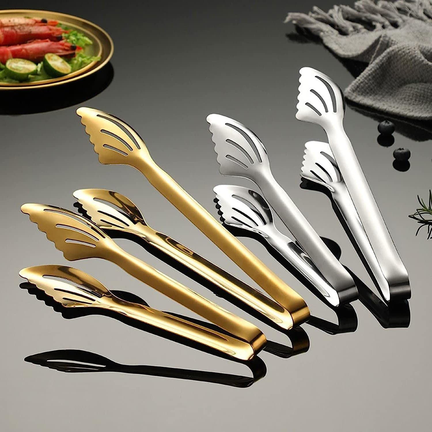 MRKU Utensili da Cucina in Acciaio Inossidabile per Alimenti, Utensili da Cucina per Buffet, pinze per Pane Anti-Calore stabili e Dorate in Argento