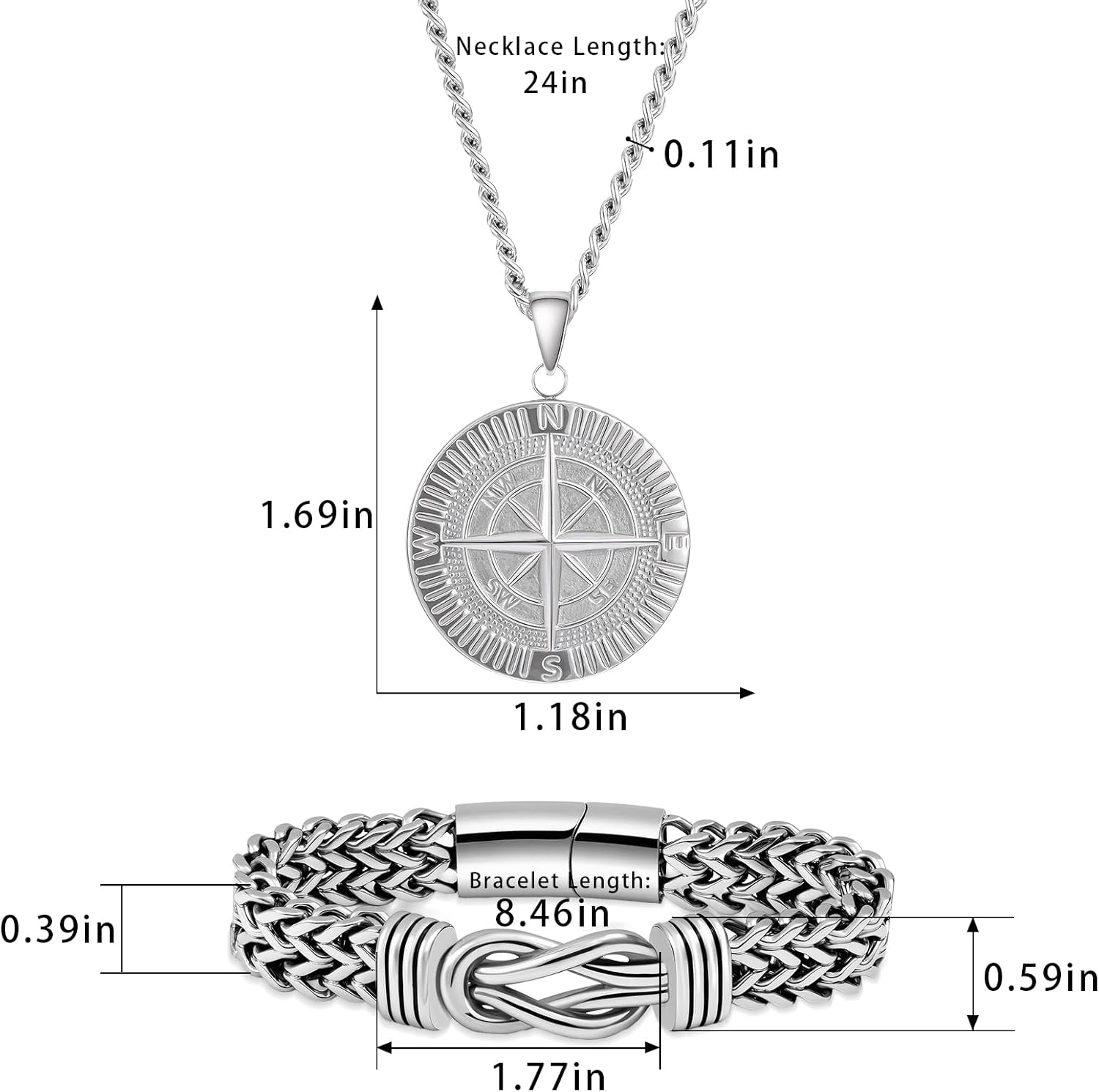 Men's Stainless Steel Cuban Link Chain and Franco Chain Bracelet Set-Includes Compass Pendant Necklace and Classic Steel Bracelet,Romantic Jewelry Gifts for Husband
