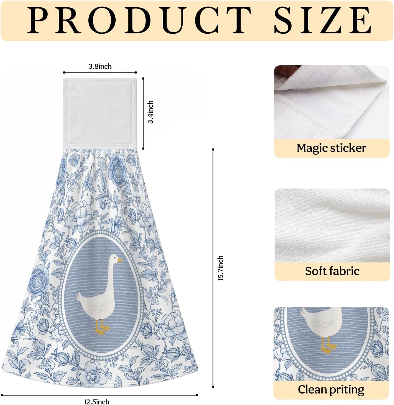 Chinoiserie Goose Floral Hanging Kitchen Dish Towels Set of 2, Blue and White Grandmillennial Flower Goose Absorbent Hand Tie Towels Washcloth for Bathroom Washroom Spa Gym