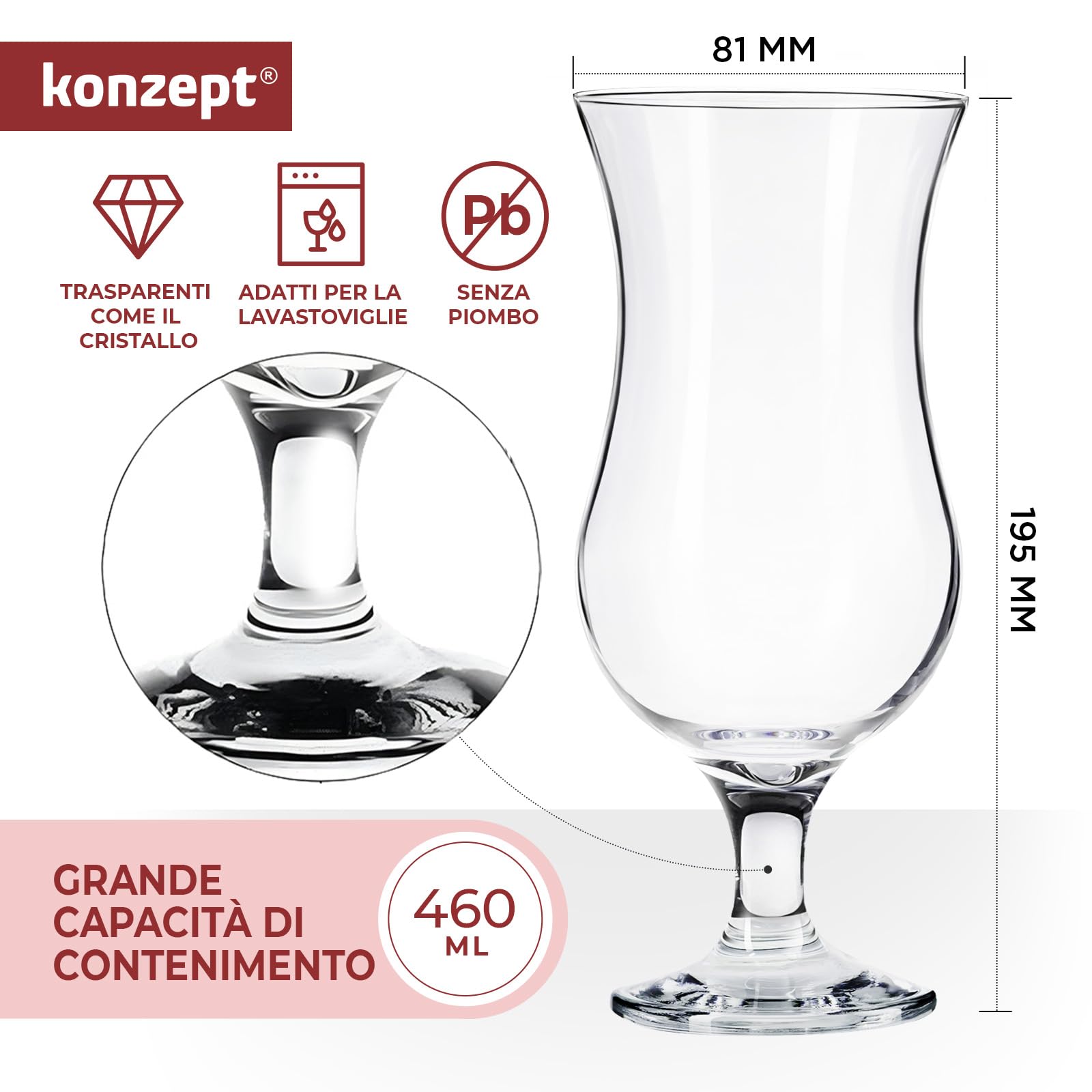 Konzept 11 - Set di 6 bicchieri da cocktail da 460 ml – bicchieri trasparenti da caffè ghiacciato, frappè e bicchieri da long drink – ideali per birra, gelato e coctails