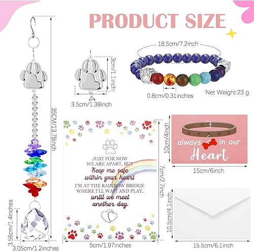 Miniatura 2 de Juego de 5 regalos conmemorativos de arcoíris para mascotas, incluye atrapasoles de cristal con estampado de patas, pulsera de arco iris para
