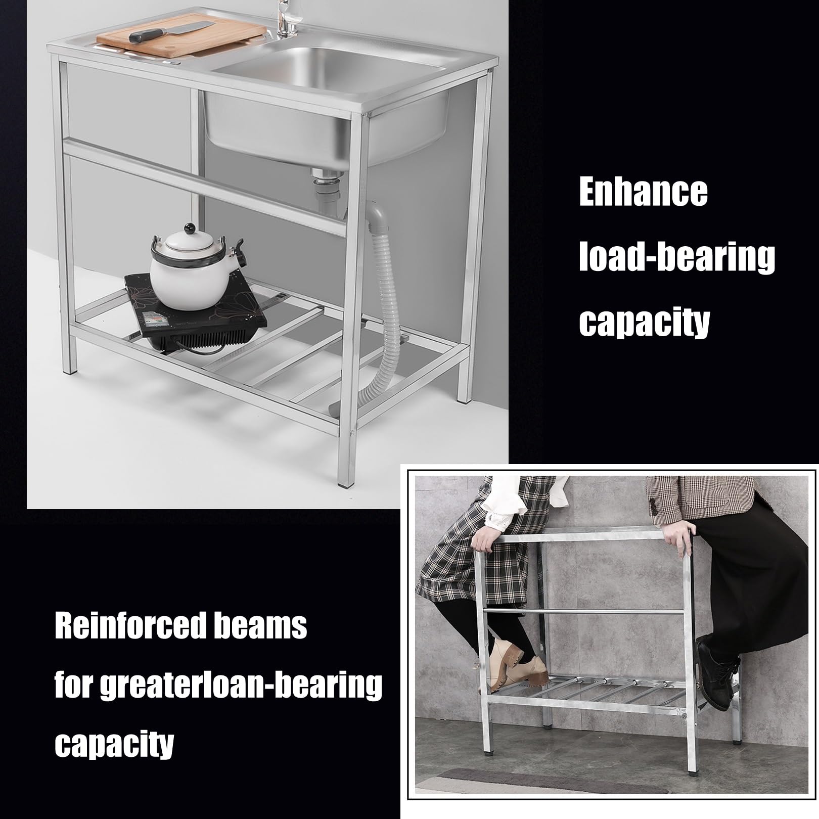 Utility Sinks for a Laundry Room, Freestanding 304 Stainless Steel Sink, Commercial Kitchen Washing Sink 1 Compartment with Faucet, for Garage,Restaurant,Kitchen,Laundry Room,Indoor Outdoor (Size : S