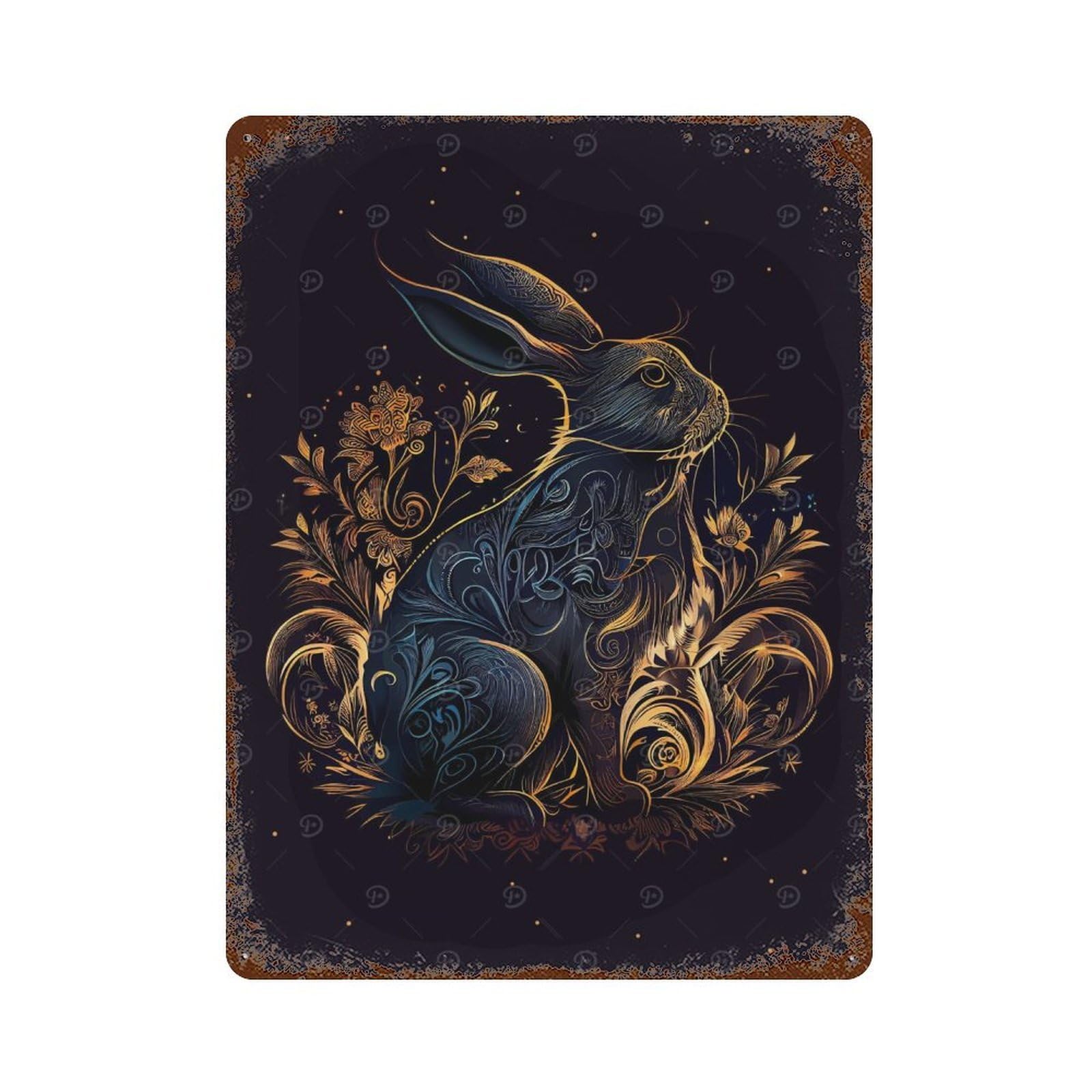 Chinese New Year Rabbit Rust Effect Tin Sign 15.7"x11.8", Farmhouse Wall Decor for Farmhouse, Kitchen And Entryway Decor