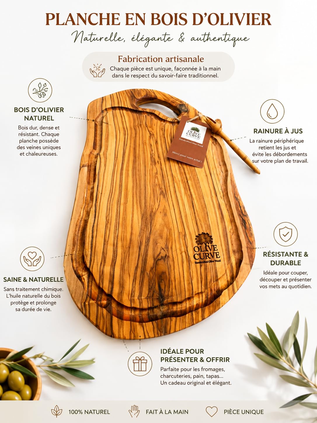 Planche Artisanale en Bois d’Olivier 40L x 22l, Parfaite pour Découpe et Service
