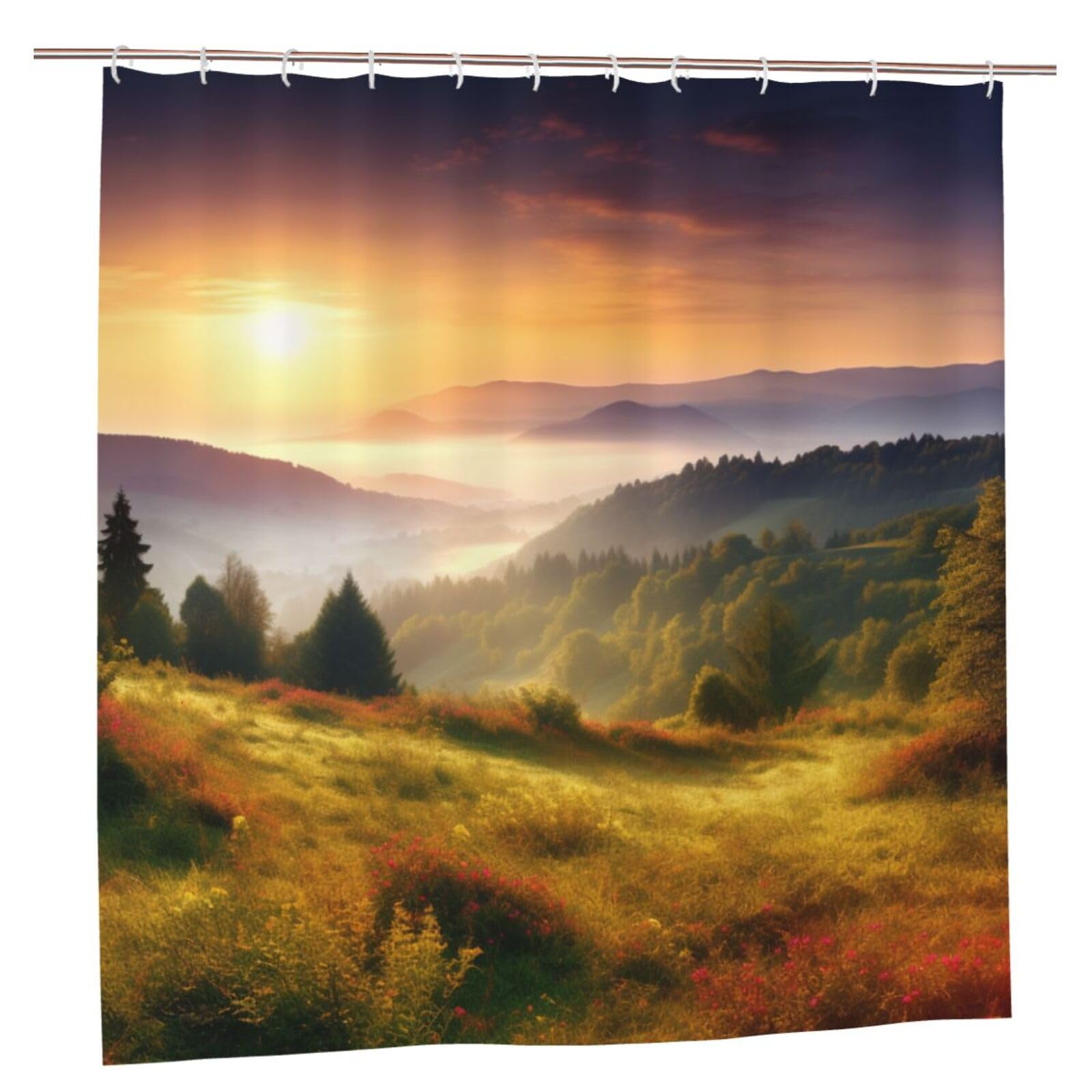 BWWHCCTI Sunrise Nature Scenery Printed Shower Curtain With 12 Plastic Hooks Opaque Quick Drying Waterproof Shower Curtains Sets For Bathroom 183x183 CM