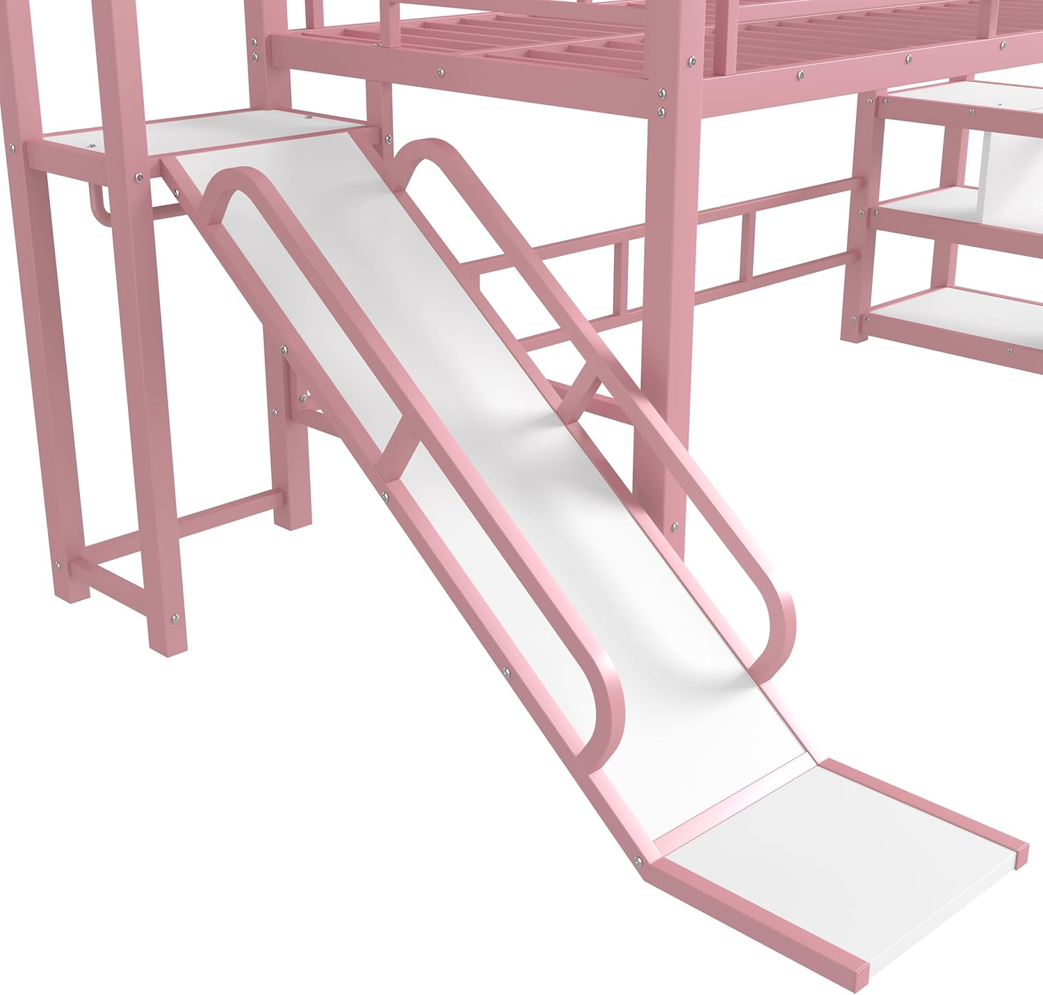 Twin Loft Bed with Slide and Stairs, Metal House Loft Bed Frame with Storage Shelves, Heavy Duty Playhouse Bunk Bed for Kids, Space-Saving, Noise-Free, No Box Spring Needed, Pink