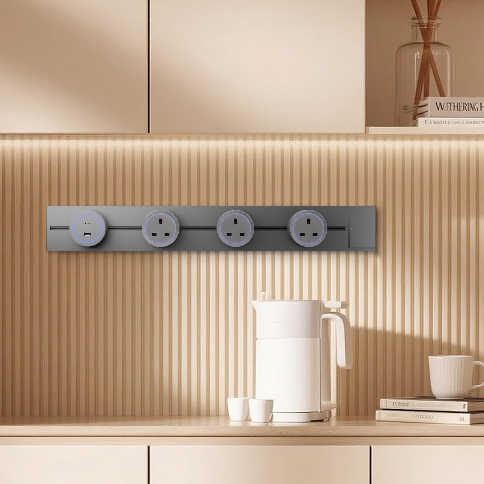 CNBINGO Toma de pista, enchufes eléctricos con 4 adaptadores, riel de enchufe de pared de 60 cm con interruptor para hogar, oficina, cocina, color gris