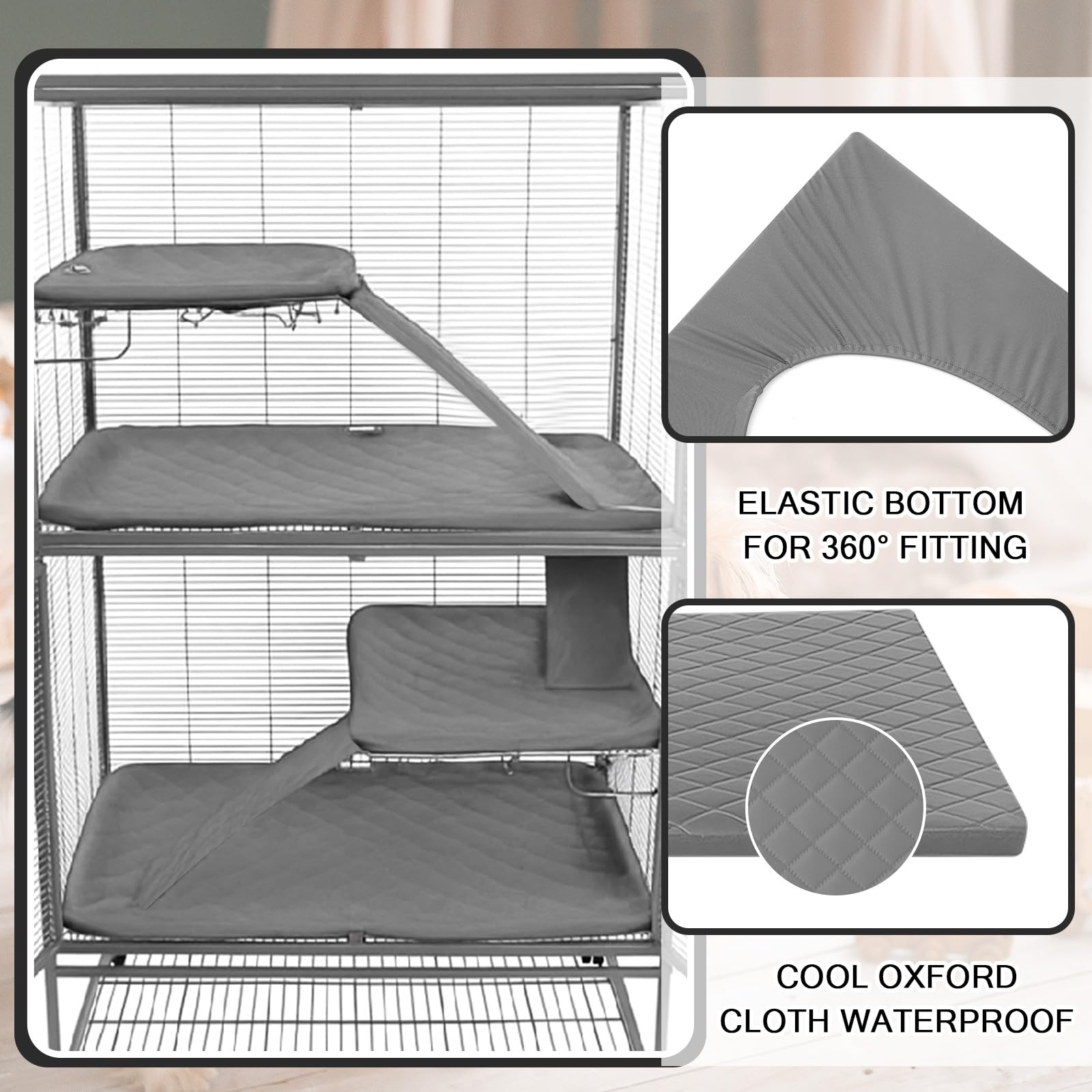 Beeveer Set di 7 cuscinetti lavabili per gabbie per furetti, kit di accessori per piccoli animali, criceti, ratti, cincillà, ricci, guinea (grigio)