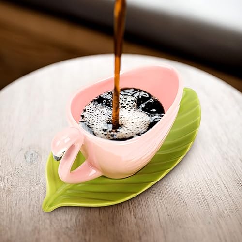 Miniatura 6 de Juego de platillos de taza de té de cerámica: Taza de café en forma de flamenco con platillo en forma de hoja Nórdico de té de la tarde Latte