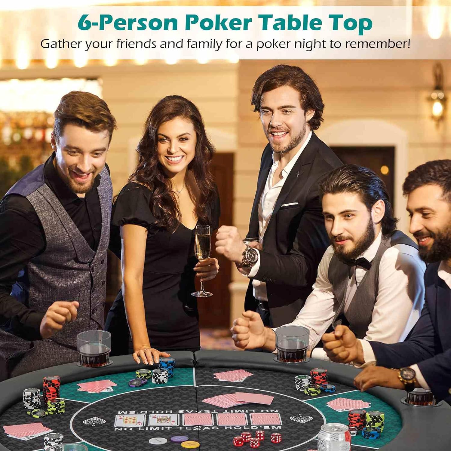 Costway 1.2M 6-Player Foldable Poker Table Top, Portable Round Blackjack Board Game Mat w/Carrying Bag, Cup Holders, Padded Rails, Texas Hold’em Poker Card Tabletop Layout for Family Game Casino