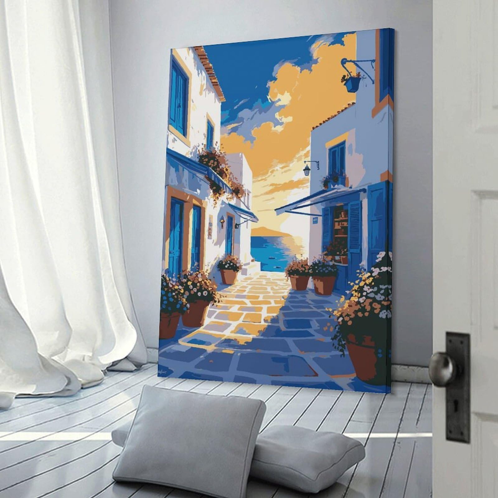 Junmoney Greek Island Street Scene Painting Wall Art Print 20x30inch(50x75cm), for Hallway, Entryway Or Landing, Wall Decor to Refresh Empty Corners, for Cosy Room Updates