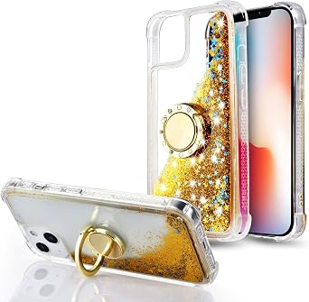 Sparkle Bling Moving Liquid for iPhone 13 Case with Stand,Gold