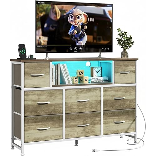 Simple Deluxe TV Stand Dresser with 8 Fabric Drawers and Open Shelves, Entertainment Center with LED Lights & Charging Station, Wood Top for 45" -55" TV, for Bedroom/Living Room/Hallway, Oak
