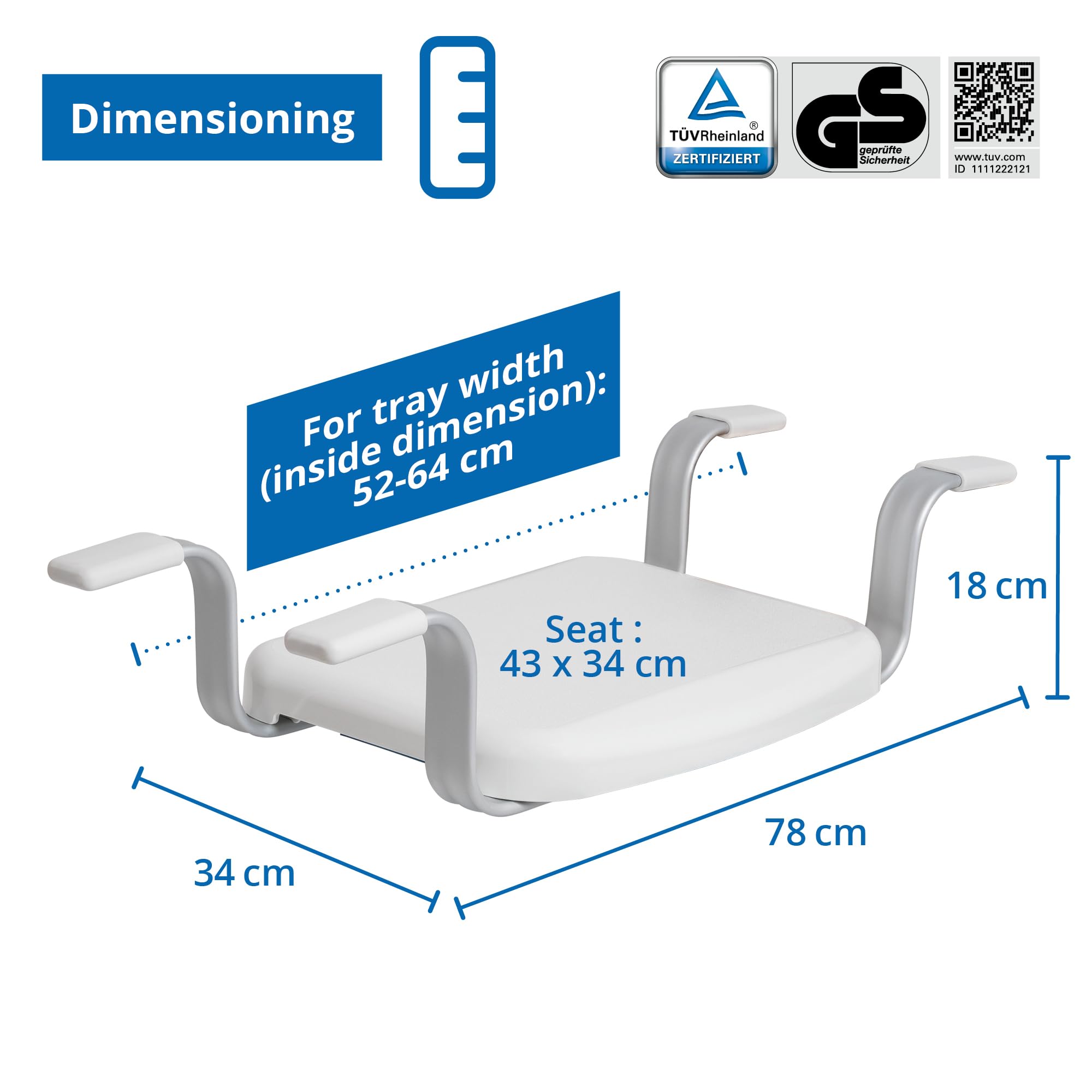 WEINBERGER Badewannensitz, Sitzhilfe für Badewannen mit Innenmaß von 59-72 cm, niedrige Sitzposition, sehr stabil bis 150 kg, Aluminium, Sitzbrett, Badebrett, Badehocker/Farbe: Weiß/Modell: 43909
