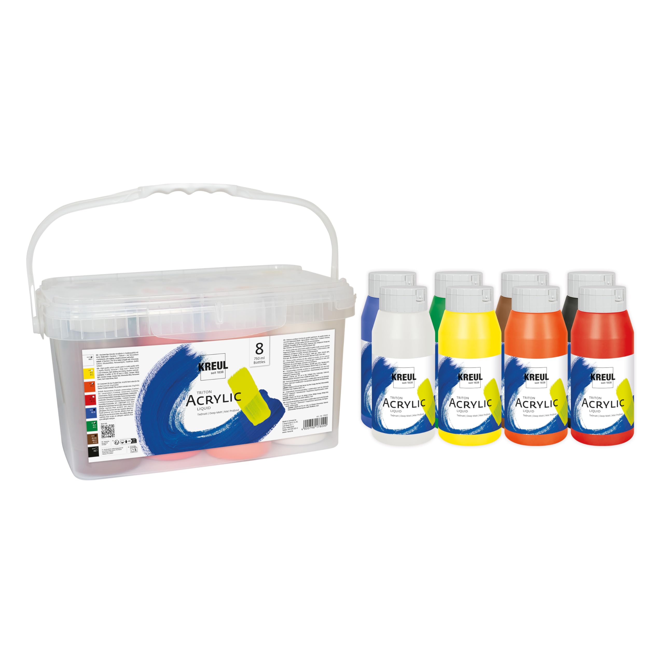 KREUL 17800 - Triton Acrylic Liquid im Powerpack, Set mit 8 x 750 ml Farbe, Hochwertige Künstler-Acrylfarben in Studienqualität mit leicht fließendem Charakter, in praktischer Tragebox