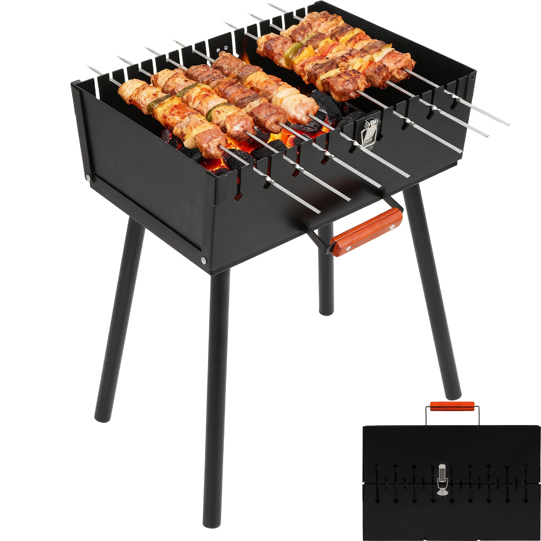 REDCAMP Mangal Grill shish kebab portatile a carbonella con 2 livelli di altezza per 16 spiedini (lento/affilati), pieghevole per esterni, per campeggio, giardino, picnic, viaggi