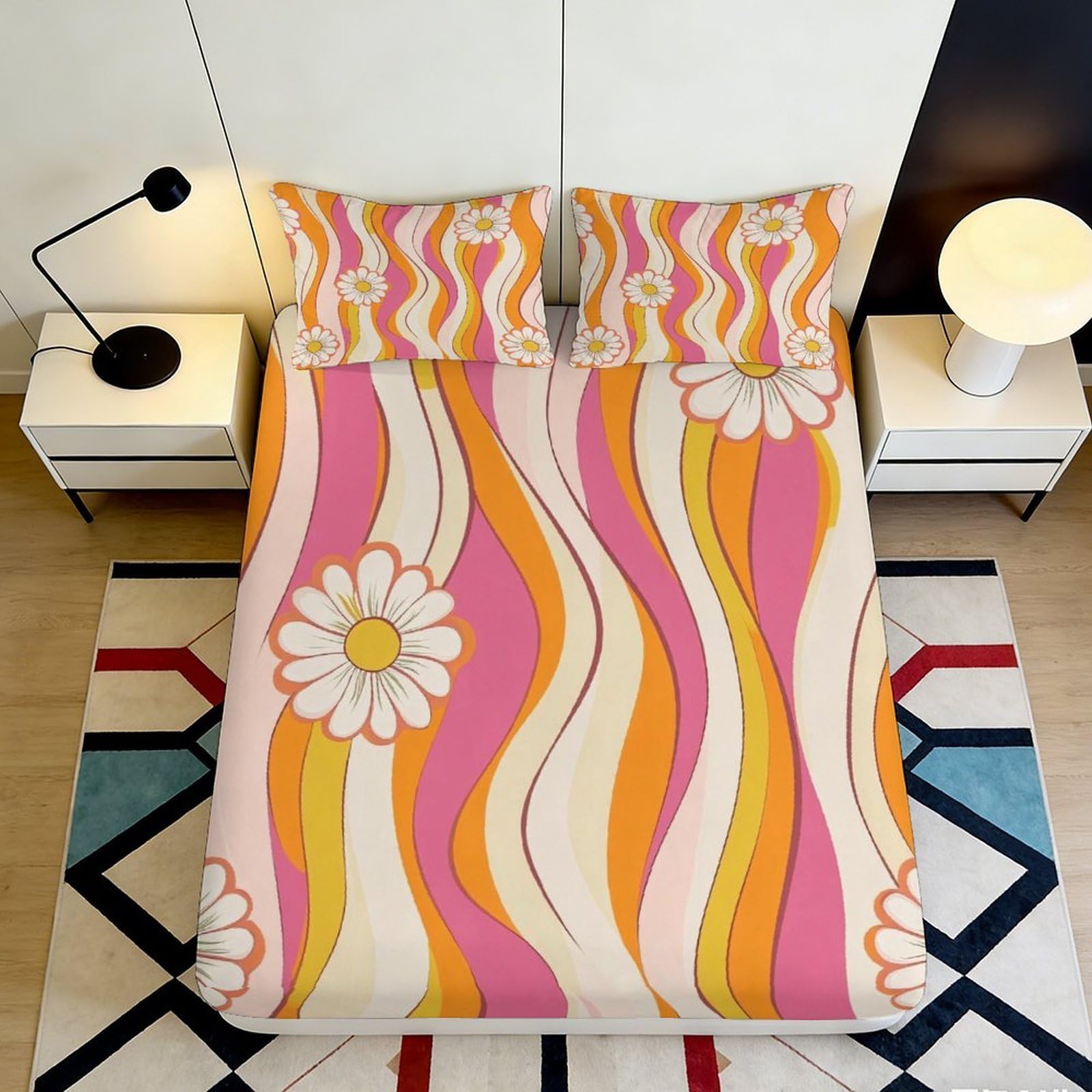 3D Printed Retro Wave Fitted Sheet Microfiber Vibrant Daisy Mattress Cover for Bedroom Dorm Decorative Protection 90x200x25cm