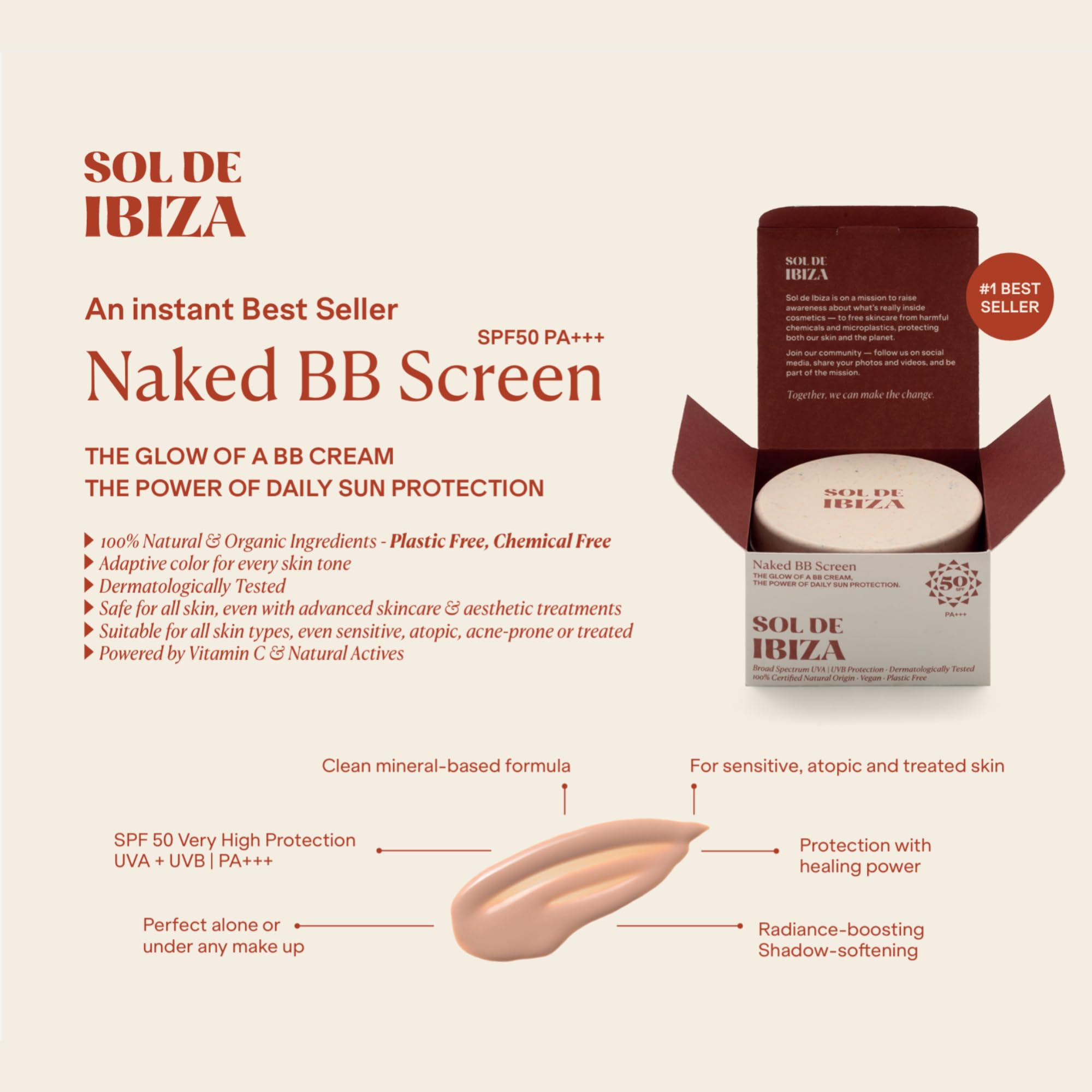 Naked BB Screen SPF50 - Protector Solar Mineral BB Cream, SPF50 PA+++, Hidratante Facial Natural, Acabado Desnudo, Vegano, Para Pieles Sensibles, 35G PRODUCTO A++