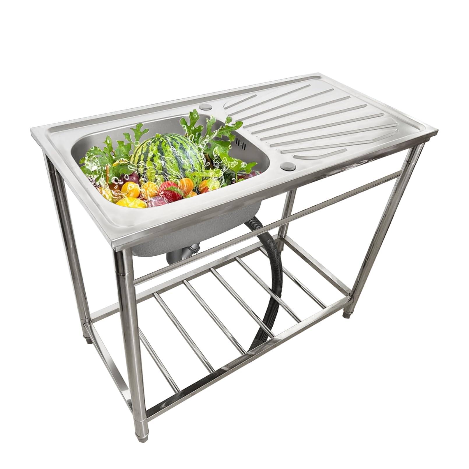 LMYSXAOZ Kitchen Sink Stainless Steel Single Bowl with Workbench, Faucet & Drainboard Freestanding Commercial for Restaurant, Laundry, Garage, Workshop Legs Outdoor