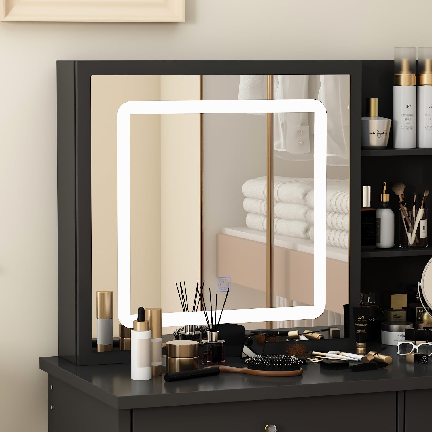 Tavolo Trucco LED Con 5 Cassetti - Toeletta Bianca Moderna, Specchio, Illuminazione 3 Colori - Foto 5