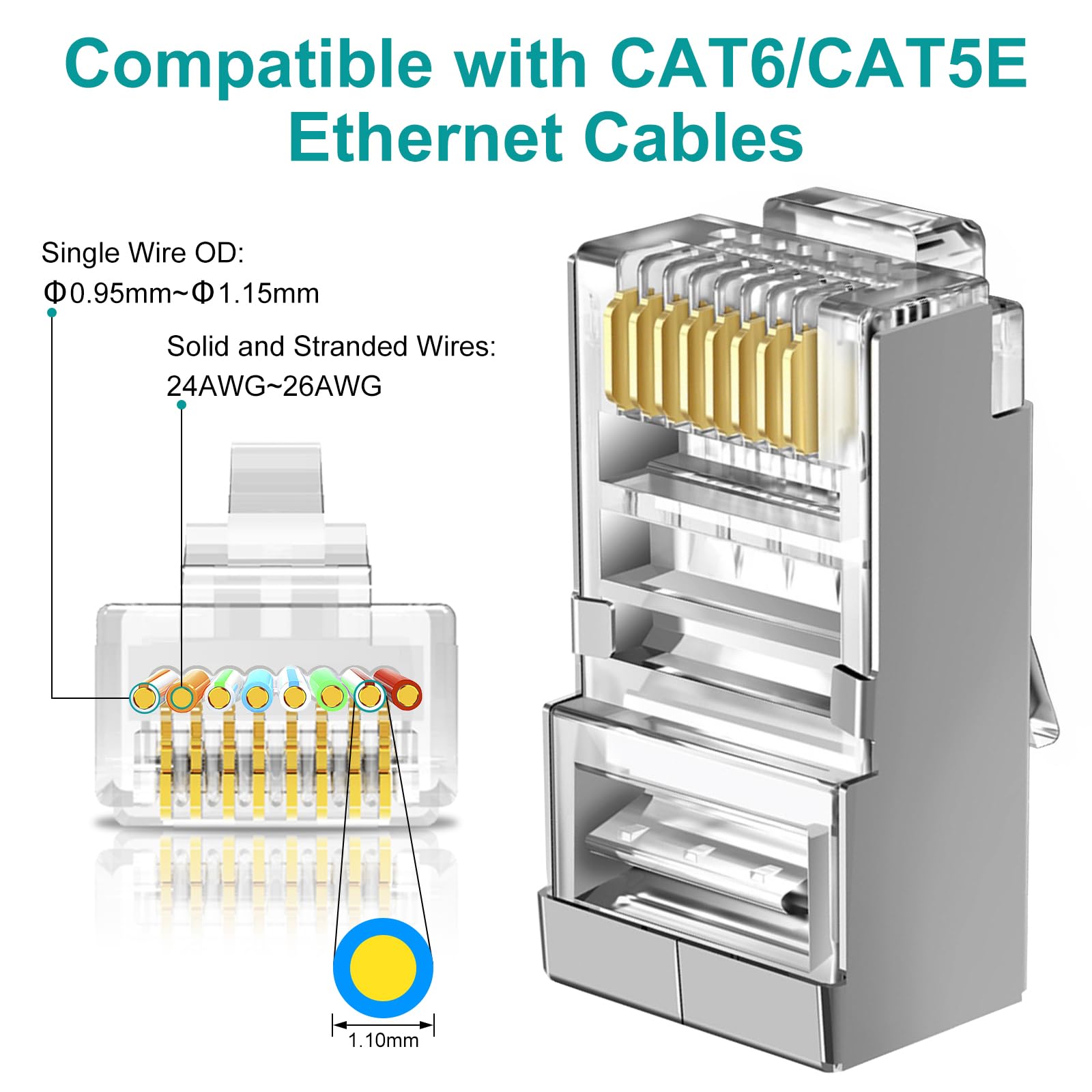 Brileine Lot de 100 connecteurs RJ45 blindés Cat 6 avec cache-bottes RJ45, terminaisons simplifiées avec extrémités Ethernet, extrémités Cat6, connecteurs RJ45, connecteurs Cat 6 pour câbles Cat6
