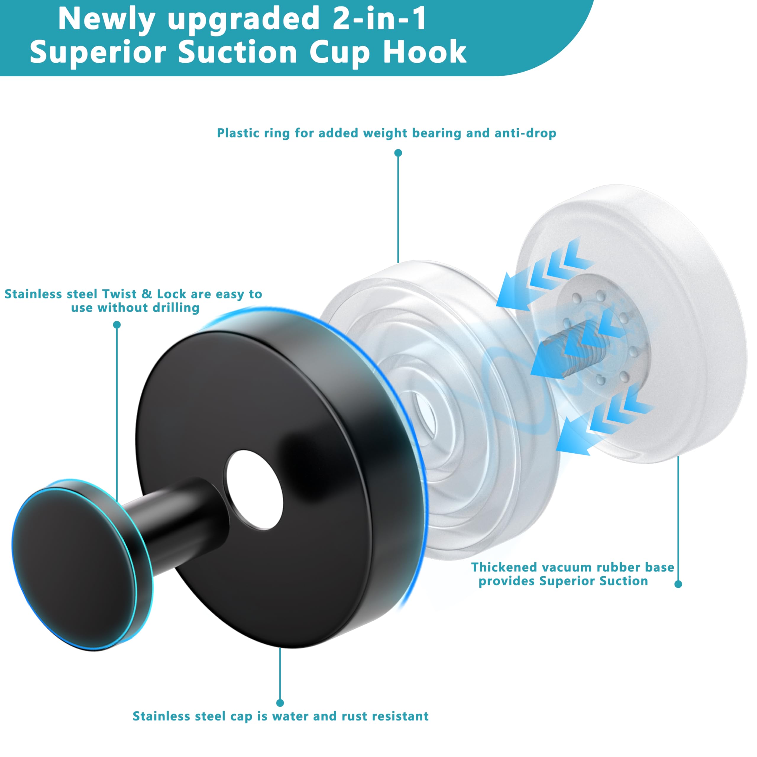 Suction Cup Hooks for Shower,Removable No Drill Towel Hooks,Upgraded 15 lbs Strong Suction Hooks for Bathroom Tile,Shower Wall,Glass Door,Kitchen-Loofah,Coat,Stainless Waterproof-Matte Black 2 Pcs