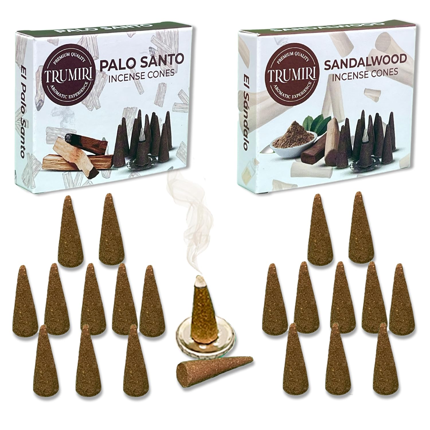 Incense Cones - Combo Pack of 20 Cone Incense - 10 Palo Santo + 10 Sandalwood - Insence Cones - Incense Cones Scented - Cone Incense Scents - Insense Cones - Incent Cone