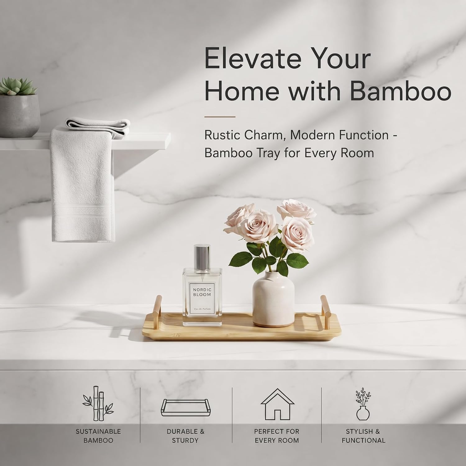 Bathroom Tray for Countertop Organizer,Bamboo Tray with Gold Handle,Vanity Tray Organizer,Multipurpose Organizer Rack for Lavatory, Restroom, and Bathroom Decoration(Original Color, 11"x6.3")