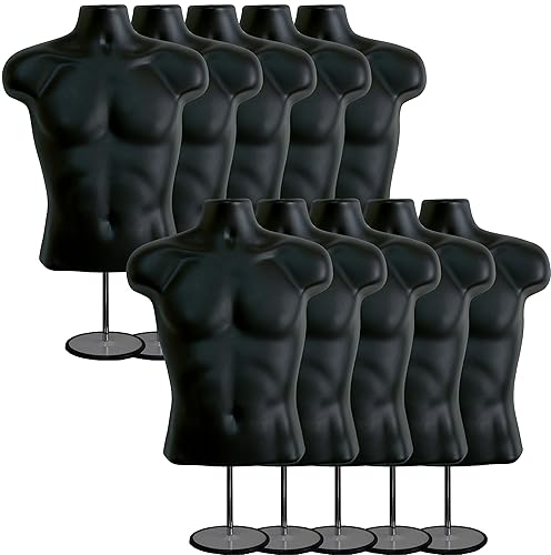 Miniatura 61 de DisplayTown - Maniquí masculino de torso con soporte de metal, cuerpo hueco, apilable, forma para exhibir camisetas, mostrador, ferias de Negro