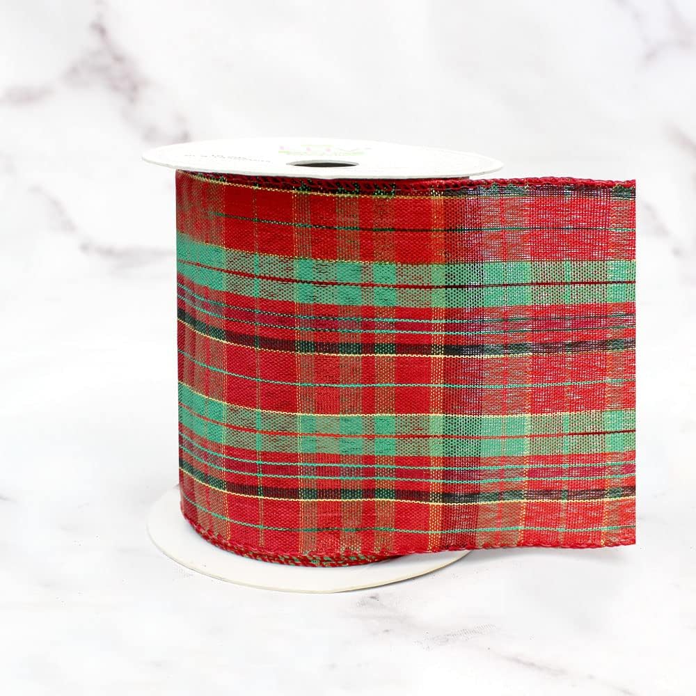 LUV Ribbons WDE4000-RDGR 4インチ 装飾チェックリボン、レッドグリーン