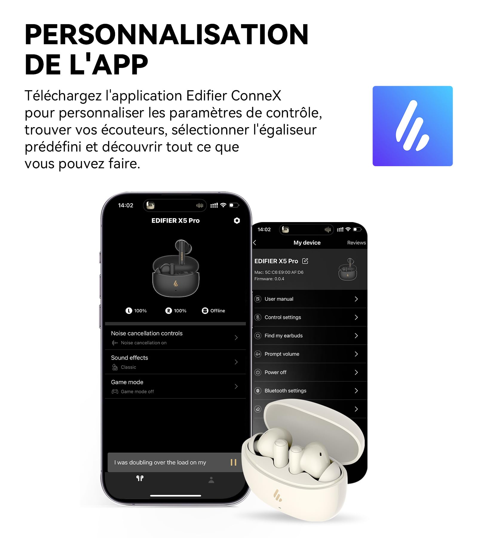 Edifier X5 Pro Écouteurs à Réduction Active du Bruit avec Appels Améliorés par Une IA, Transparence, Charge Rapide, Mode Gaming, Indice d'Étanchéité IP55, Écouteurs Bluetooth 5.3 sans Fil - Noir