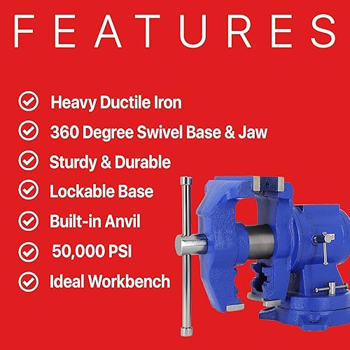 Miniatura 3 de EXXO Banco multiusos de 5 pulgadas y tornillo de tubo de hierro dúctil pesado 50,000 PSI Base giratoria de 360 grados y cabezal (8810)