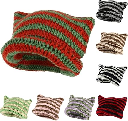 HINGTAT Dames Kat Muts Gehaakte Hoeden met Oren Gebreide Gestreepte Winter Warme Slouchy Elastische Pet voor Meisjes Volwassenen Kinderen, Zwart/Rood, One size HINGTAT Dames Kat Muts Gehaakte Hoeden met Oren Gebreide Gestreepte Winter Warme Slouchy Elastische Pet voor Meisjes Volwassenen Kinderen, Zwart/Rood, One size