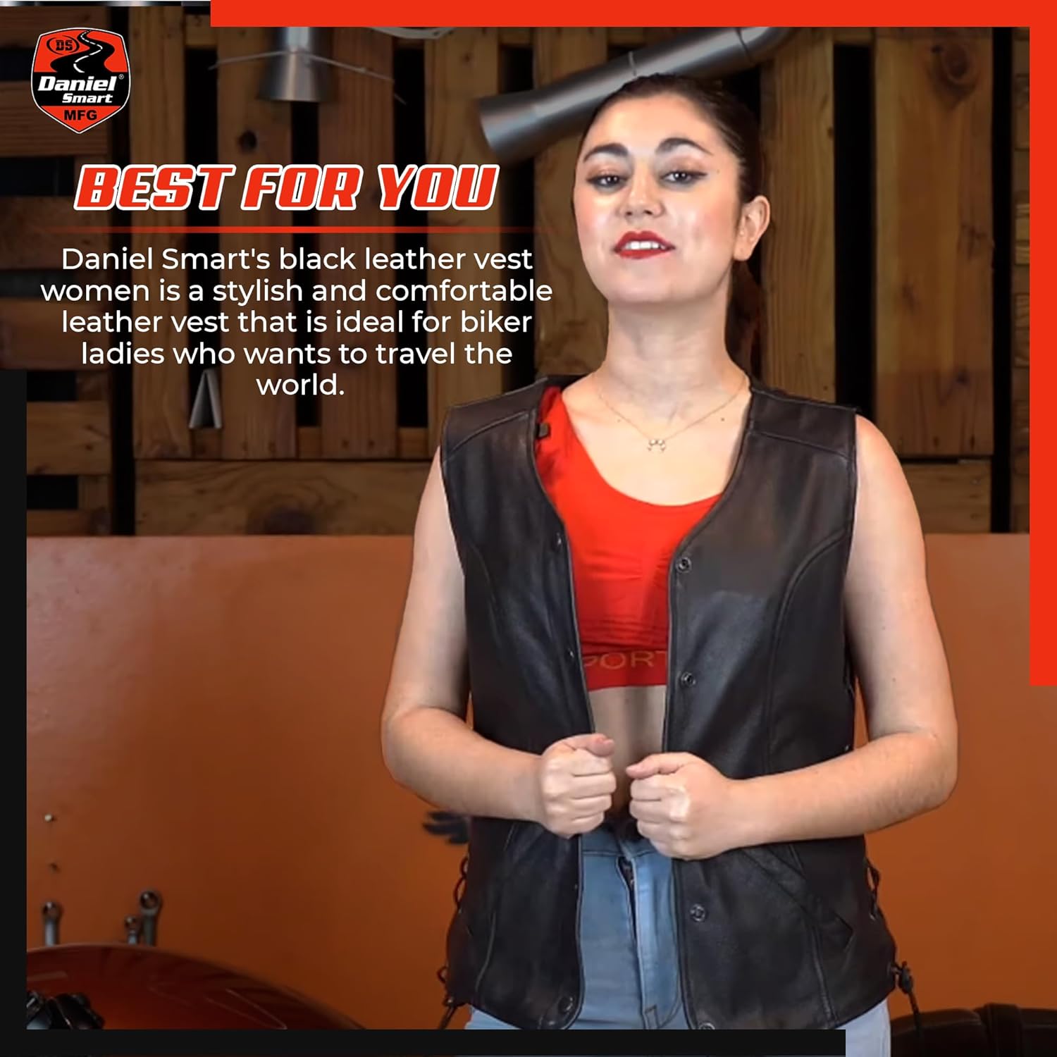 Daniel Smart Motorcycle Vest for Women Open Neck Leather Vest with Unique Design and Inside Carry Pockets - Image 8