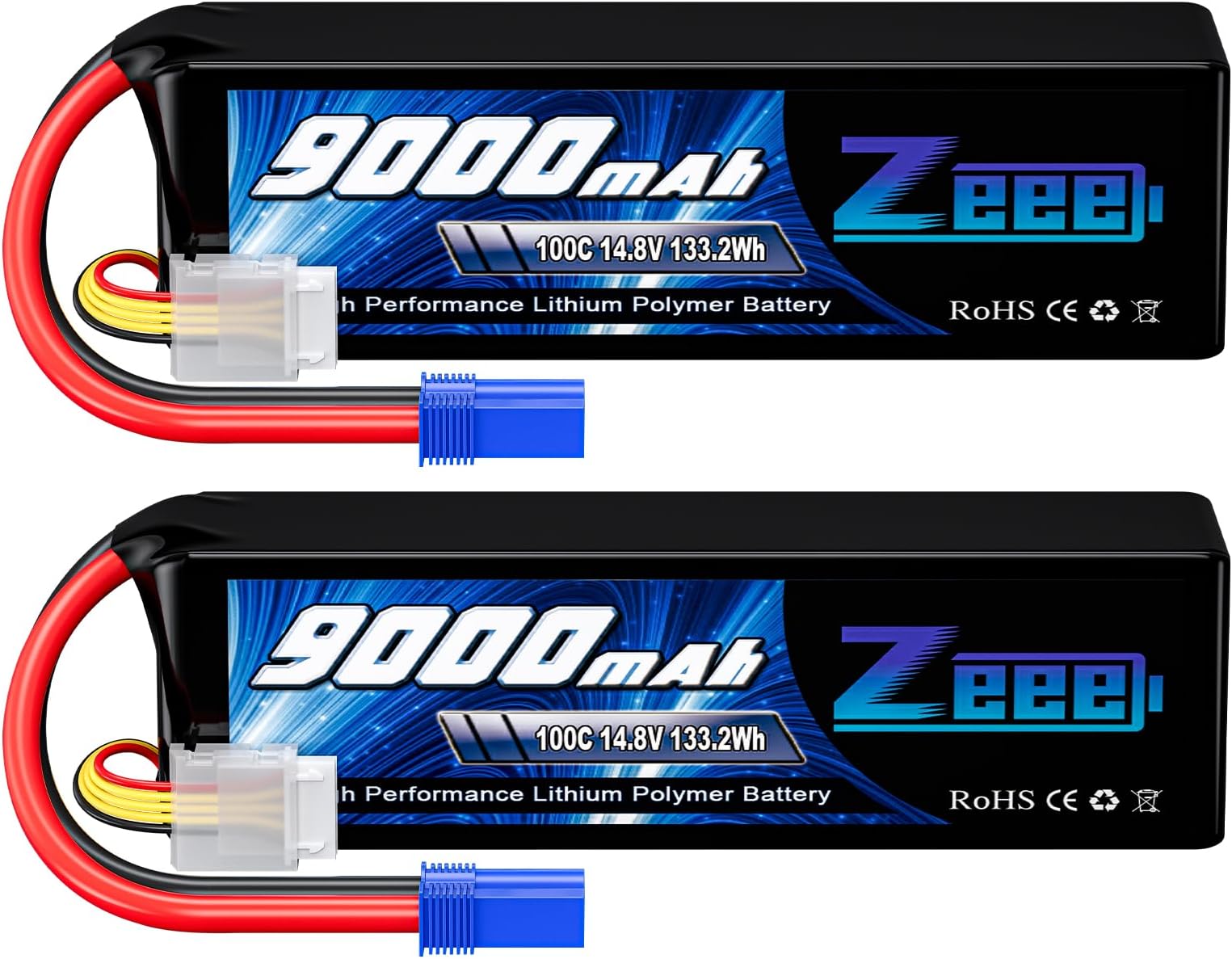 Zeee 4S Lipo Battery 9000mAh 14.8V 100C Soft Case RC Battery EC5 Connector with Metal Plates for RC Car Truck Tank Racing Models (2 Pack)