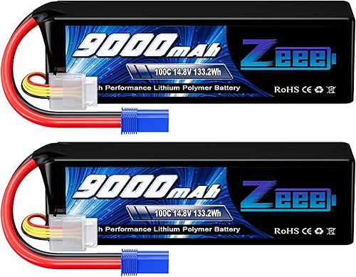 Zeee 4S Lipo Battery 9000mAh 14.8V 100C Soft Case RC Battery EC5 Conector con placas de metal para modelos RC Car Truck Tank Racing (paquete de 2)