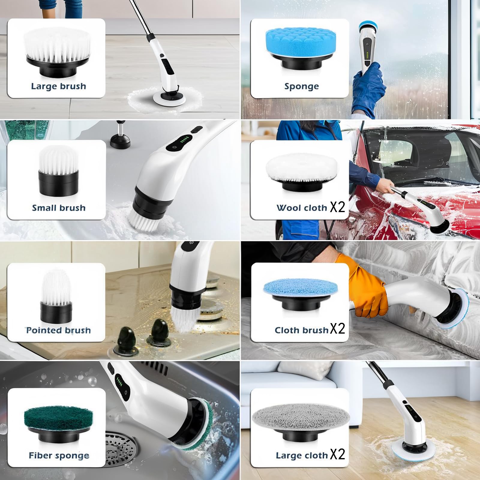 Limpiador giratorio eléctrico, cepillo de limpieza inalámbrico con 12 cabezales de cepillo reemplazables, depurador de potencia de 360 grados de doble velocidad con mango ajustable y desmontable para