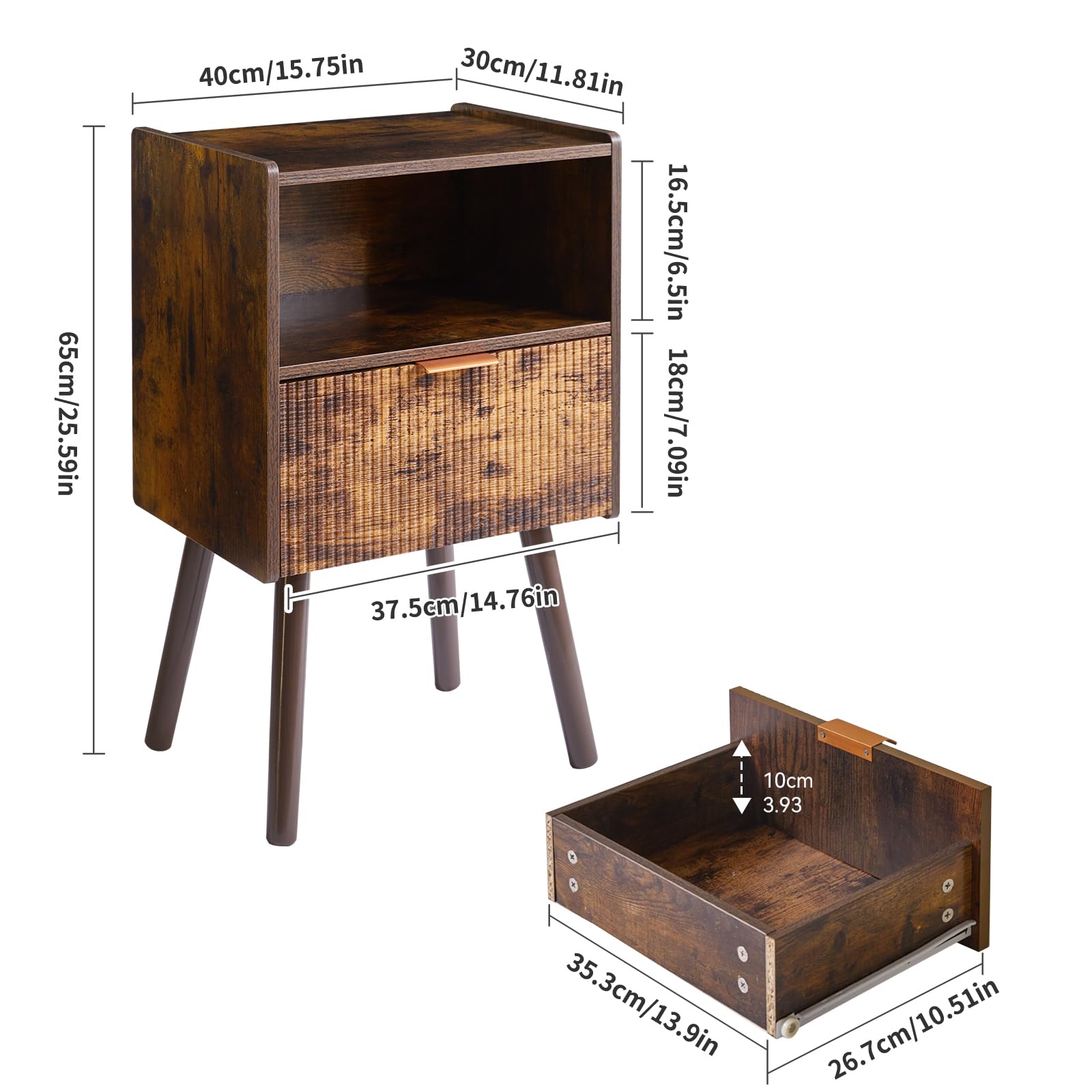 Aibiju Mesita de Noche Moderna con Cajón, Mesa Auxiliar Pequeña para Dormitorio, Mesita de Noche de Mediados de Siglo con Estante Abierto, Marrón Rústico YD-TM061H1