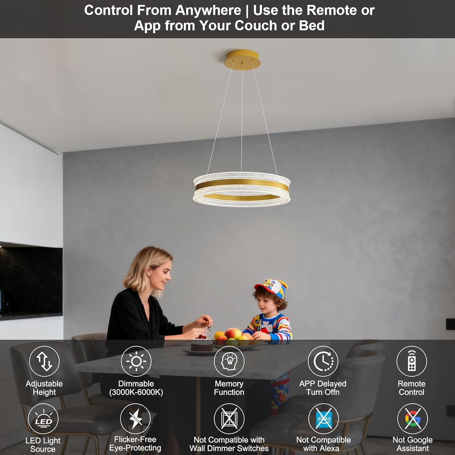 Modern LED Chandelier,Gold Ring Pendant Light with Cracked Ice Acrylic,Smart Dimmable Ceiling Light Fixture with Remote Control,Adjustable for Dining Room, Living Room, Kitchen Island