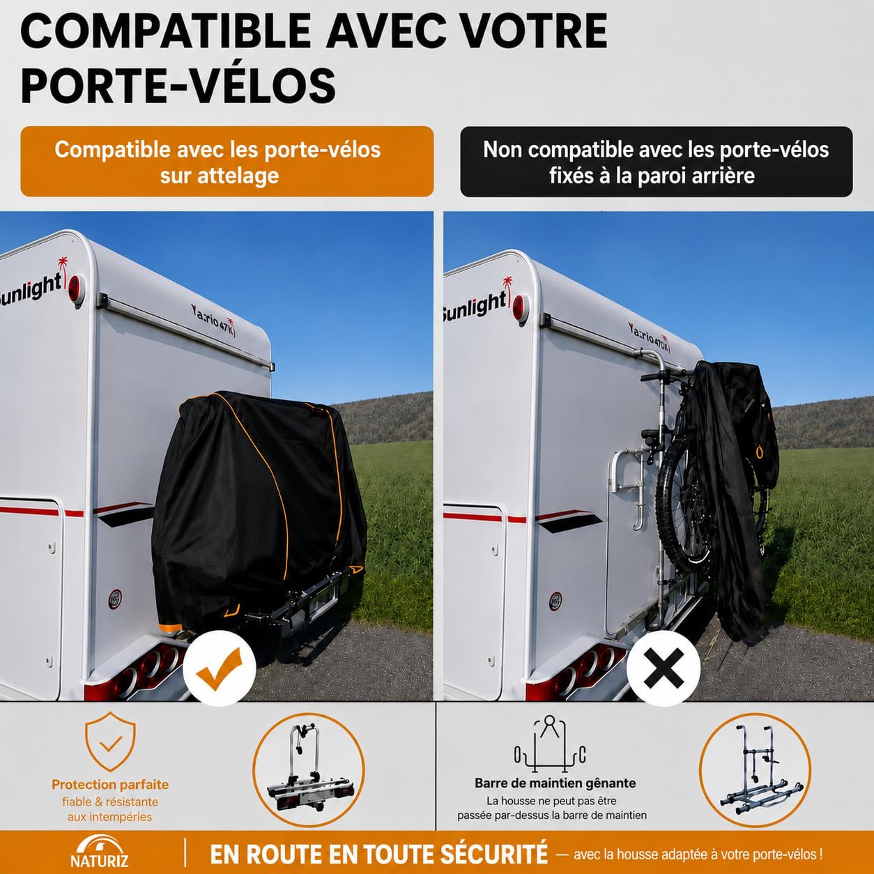 NATURIZ® Housse de protection pour porte-vélo arrière étanche et résistante - Housse de vélo avec corde de tension de 6 m - Housse de vélo pour 2 vélos - Ensemble de protection de transport pour