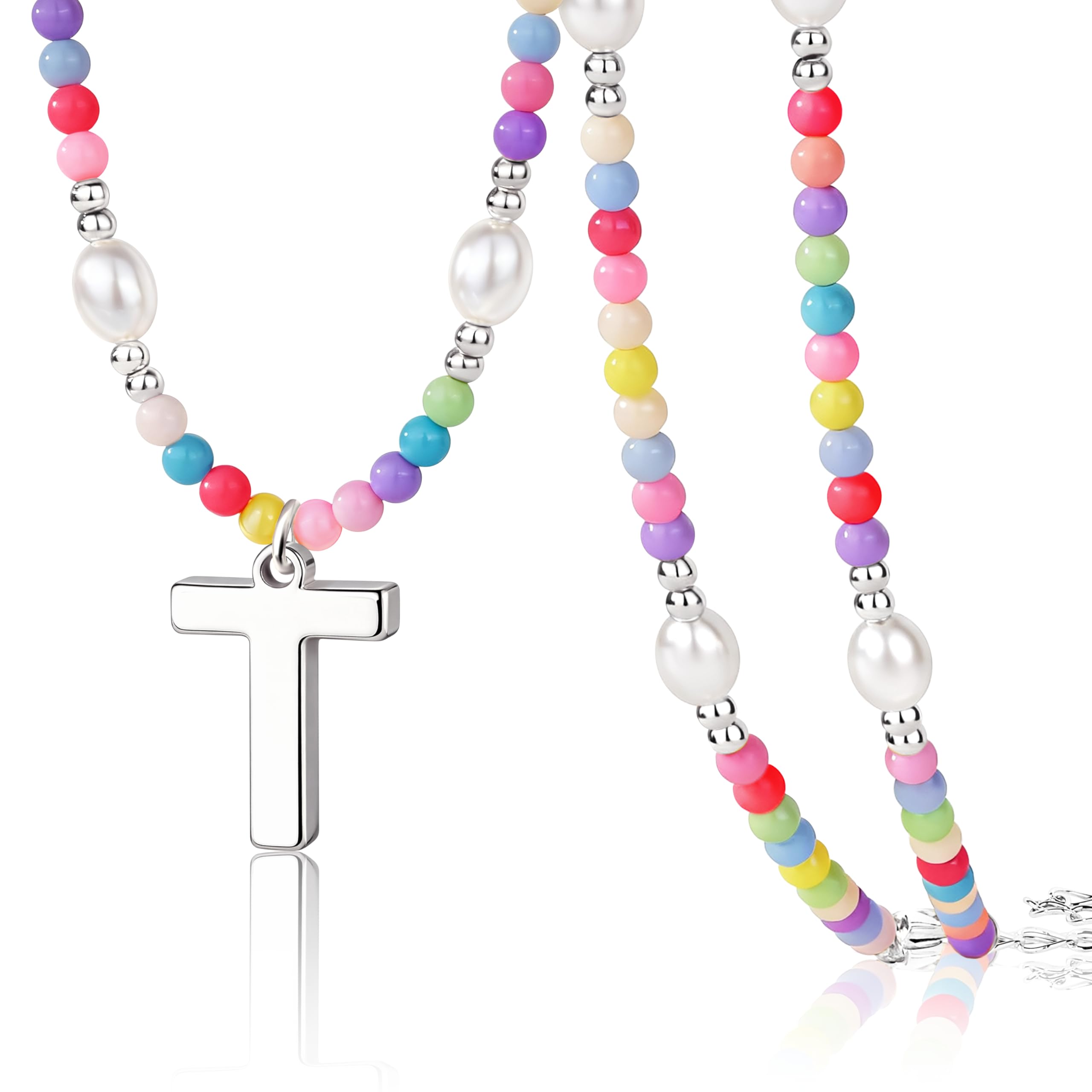 Personalized Initial Necklace for Women Teen Girls – Cute Preppy Colorful Rainbow Beaded Pearl Choker with Letter Pendant, Dainty Summer Beach Aesthetic Jewelry Gift for Kids, Teens, Women, Birthday