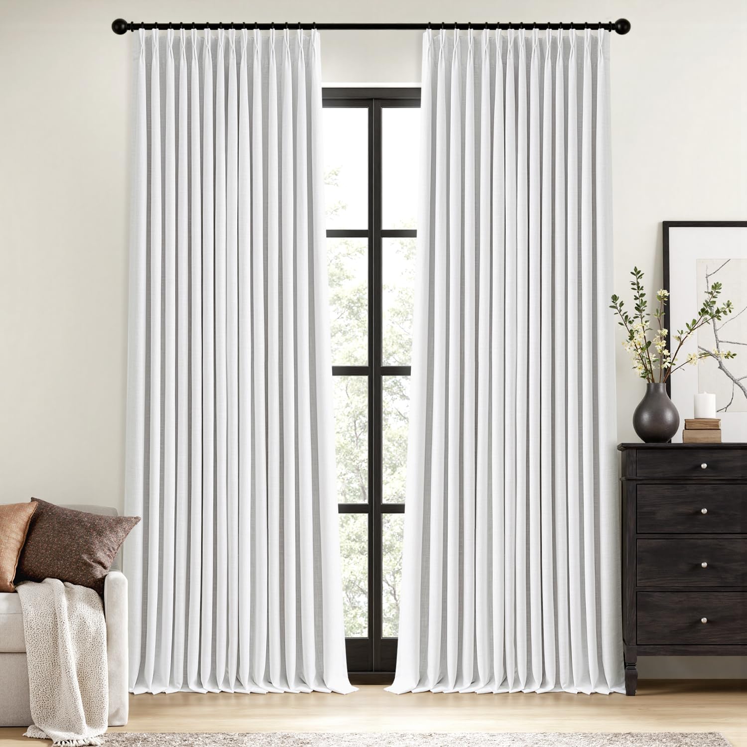Photo 1 of MIULEE White Pinch Pleated Blackout Linen Curtains 40x96 Inches (2-Pack)