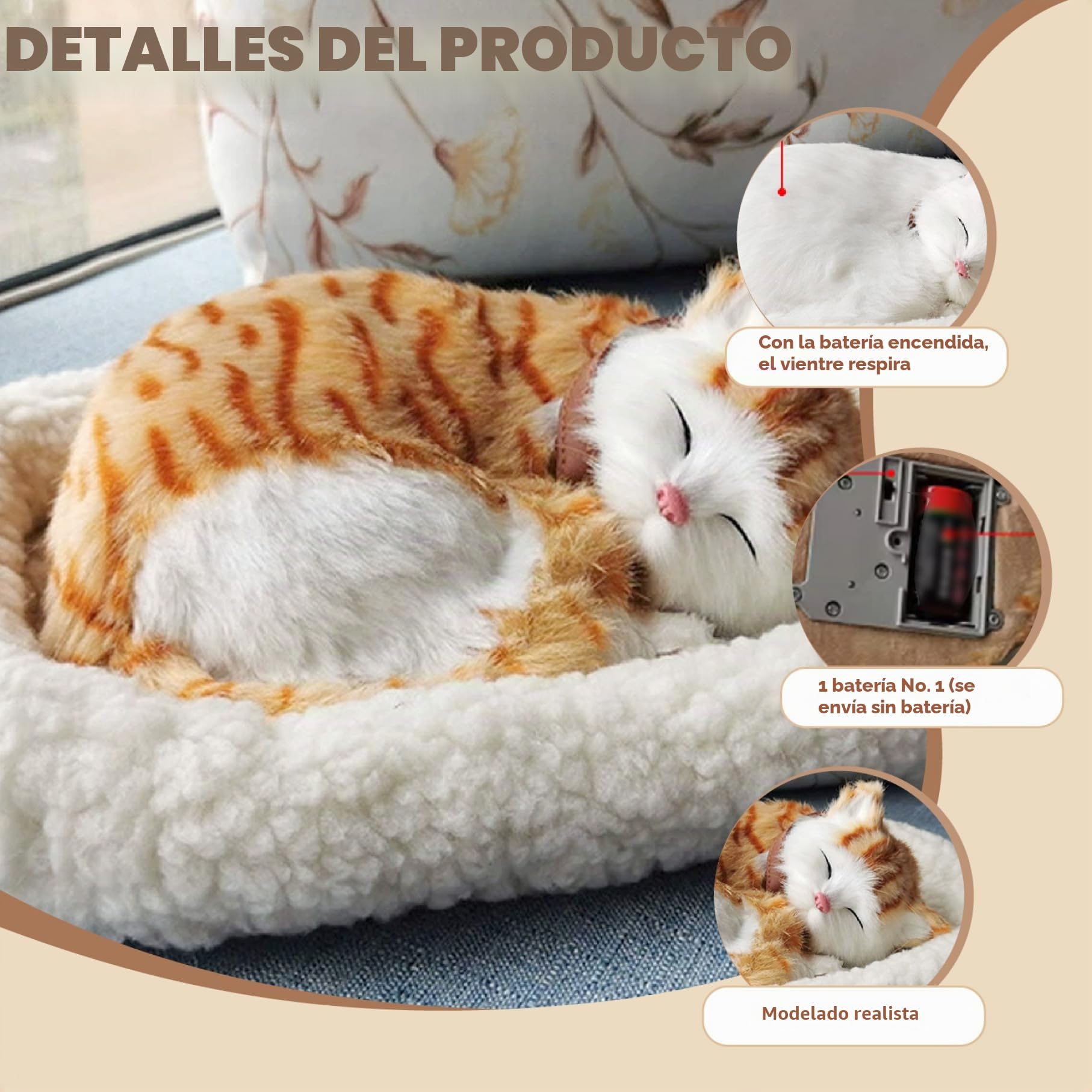 Peluche de Gato Que Respira, Suave y tierno, durmiendo sobre una Almohadilla. Gato Interactivo Realista Que Respira, Funciona con Pilas, para Escritorio en casa, sin Pilas, Amarillo.