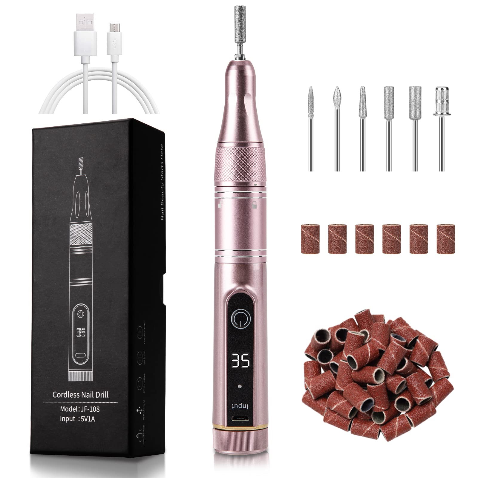 Madenia Torno Para Uñas 35000 RPM Profesional USB Recargable Limas de Uñas Eléctrica Portátil Torno de Manicura Pedicura de Gel Acrílico, Rosa