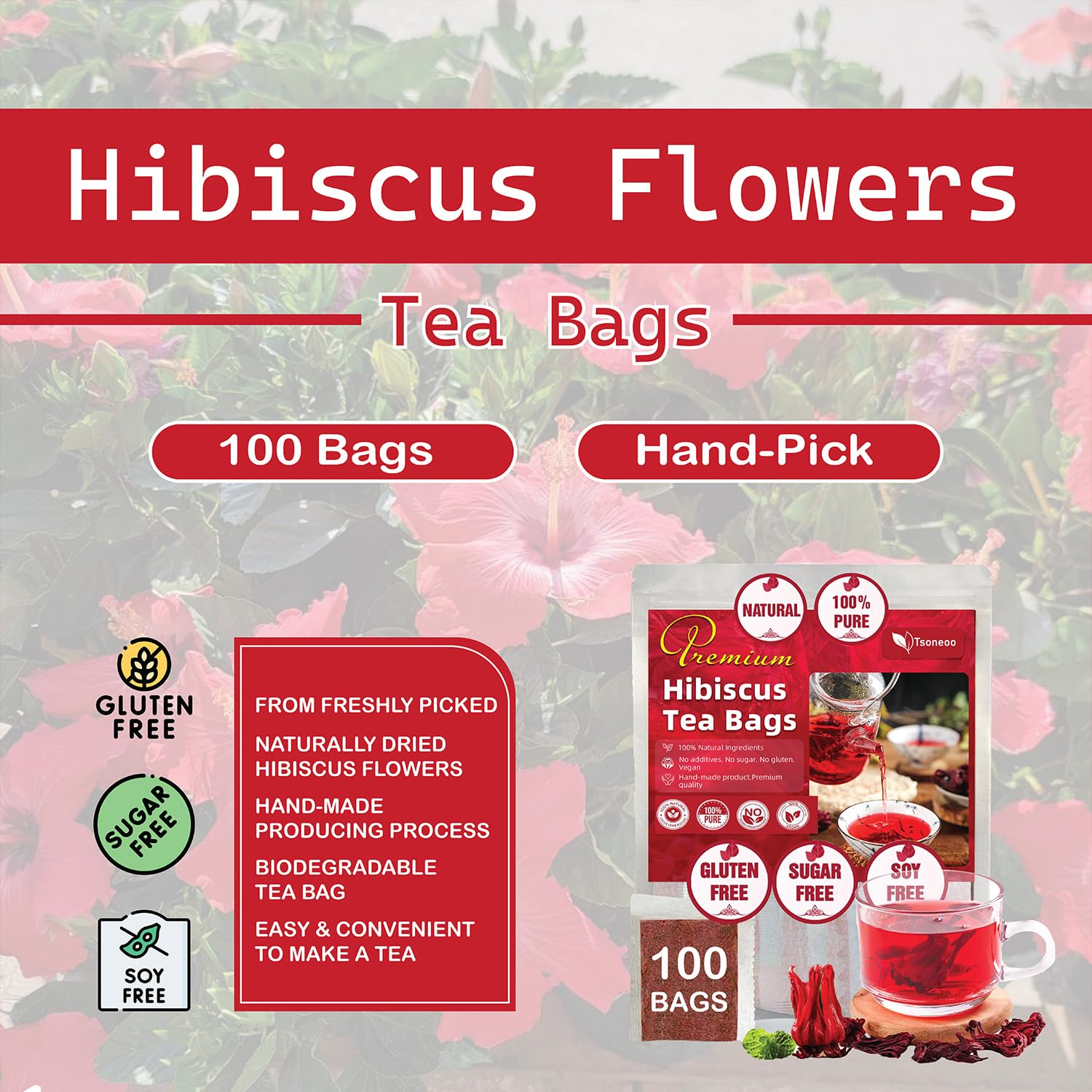 Premium Hibiscus Flowers Tea Bags - 100% Natural, Handmade, Pure Herbal Tea - No Sugar, Caffeine, or Gluten - Vegan Friendly (1) - Image 6
